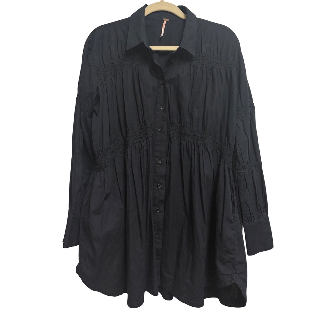 Free People Full Swing Smocked Black Shirt Dress Long Sleeve Cotton Mini Size S